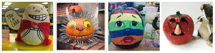 pumpkins decorated as book chracters
